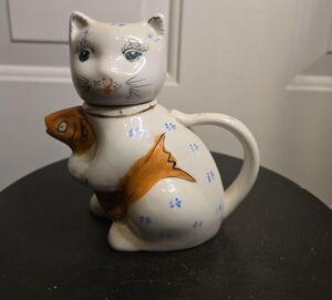 Vintage Small Tea Pot Cat Holding Koi Fish Creamer